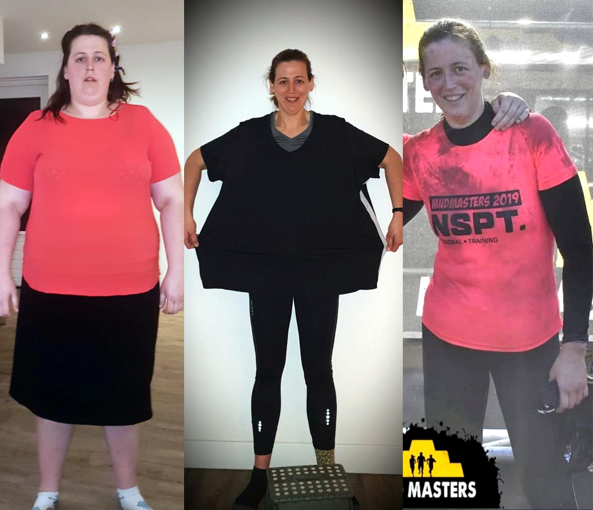 Vorher-Nachher-Bild: Eine Frau zeigt ihre beeindruckende Gewichtsverlust- und Fitness-Transformation. Vom Übergewicht links über die Präsentation ihres Abnehm-Erfolgs mit einem viel zu großen alten T-Shirt in der Mitte bis zur fitten, strahlenden Teilnehmerin eines Mudmasters-Rennens rechts. Eine inspirierende Erfolgsgeschichte für gesundes Abnehmen, Training und Ernährungsberatung.