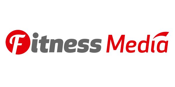 Logo der Fitness Ernährungsfirma Fitness Media mit stilisiertem weißen 'F' in einem roten Kreis, gefolgt vom Schriftzug 'itness' in Grau und 'Media' in Rot.