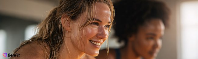 Ein Porträt zweier verschwitzter Frauen nach dem Training, die das Logo "BenFit" im Vordergrund repräsentieren, ideal für Werbung im Bereich Fitness und Ernährung.